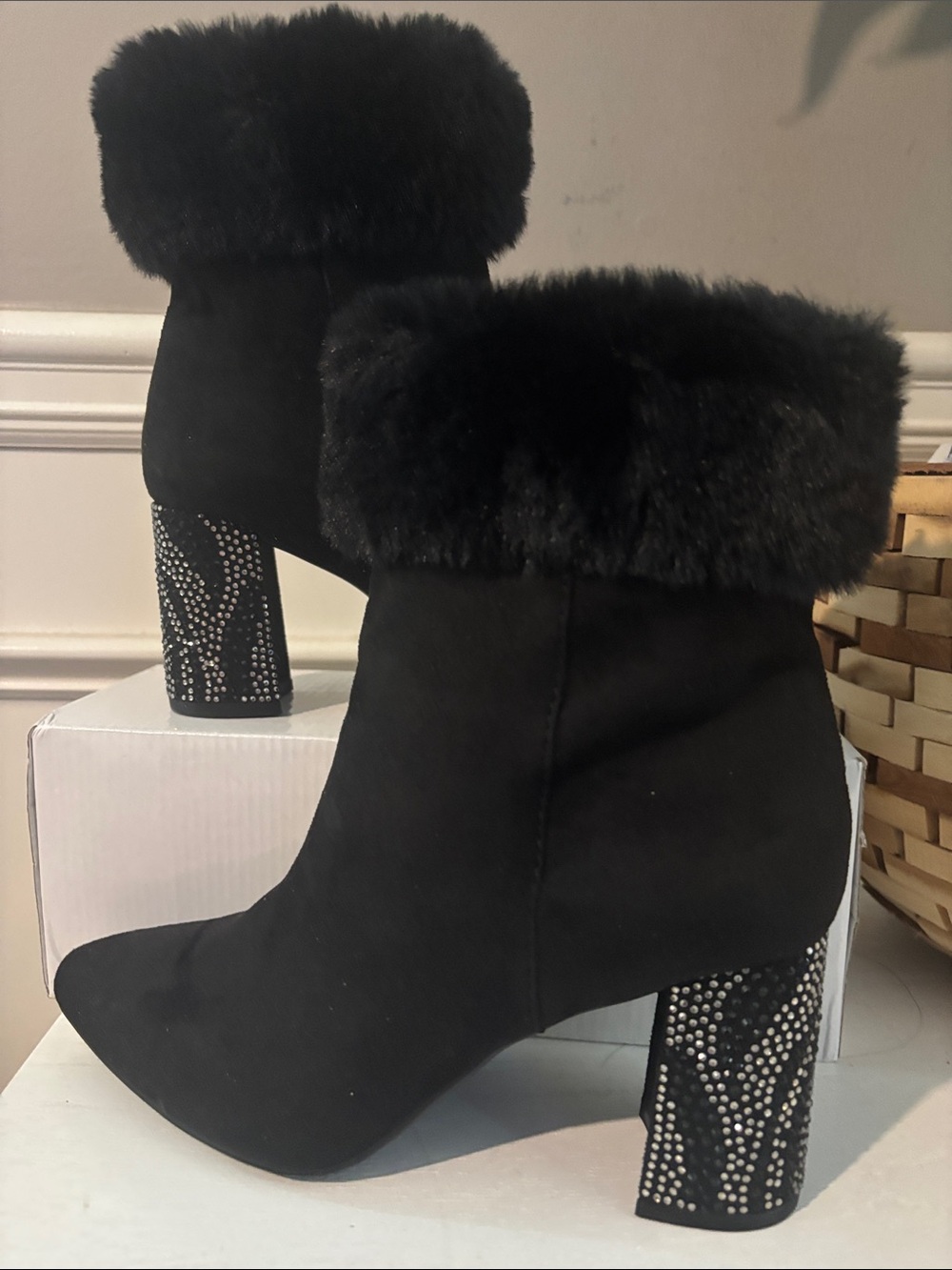 Impo Faux Fur Trim Black Women's Ankle Boots with Embellished Heel